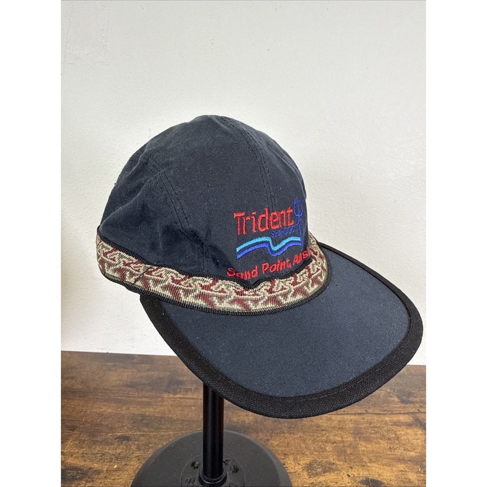 KAVU Canvas Trail Panel Hat Black Trident Seafoods Logo USA Strap Back Sz M  NEW